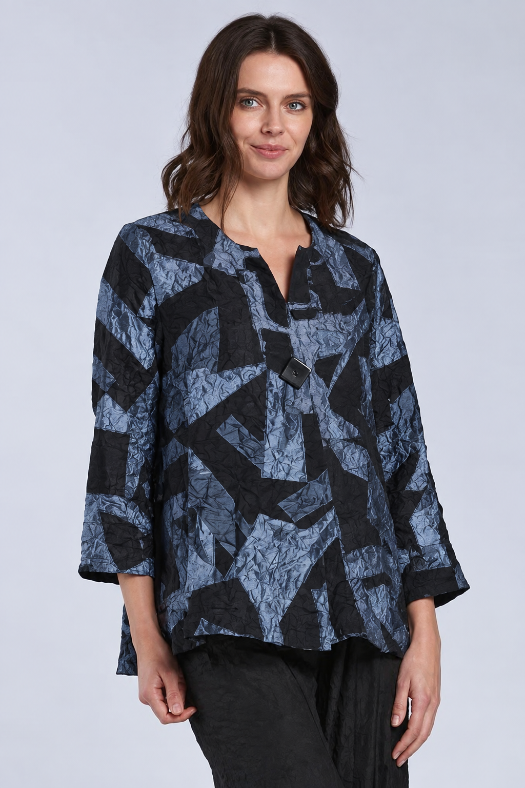 Sydney Project Ollie One Button Long Sleeve Abstract Top - CJJ1149 - BLUE GREY