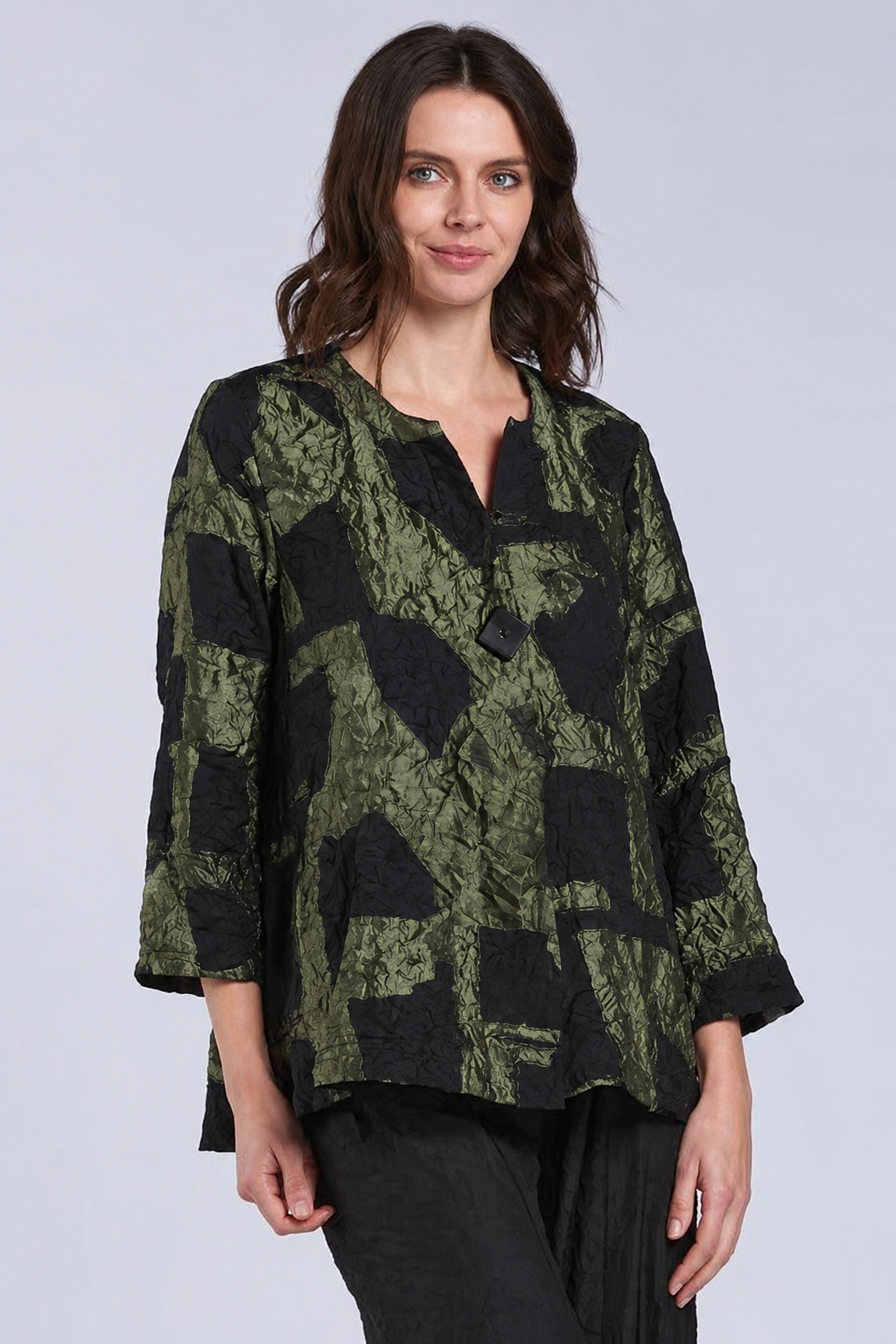 Sydney Project Ollie One Button Long Sleeve Abstract Top - CJJ1149 - OLIVE