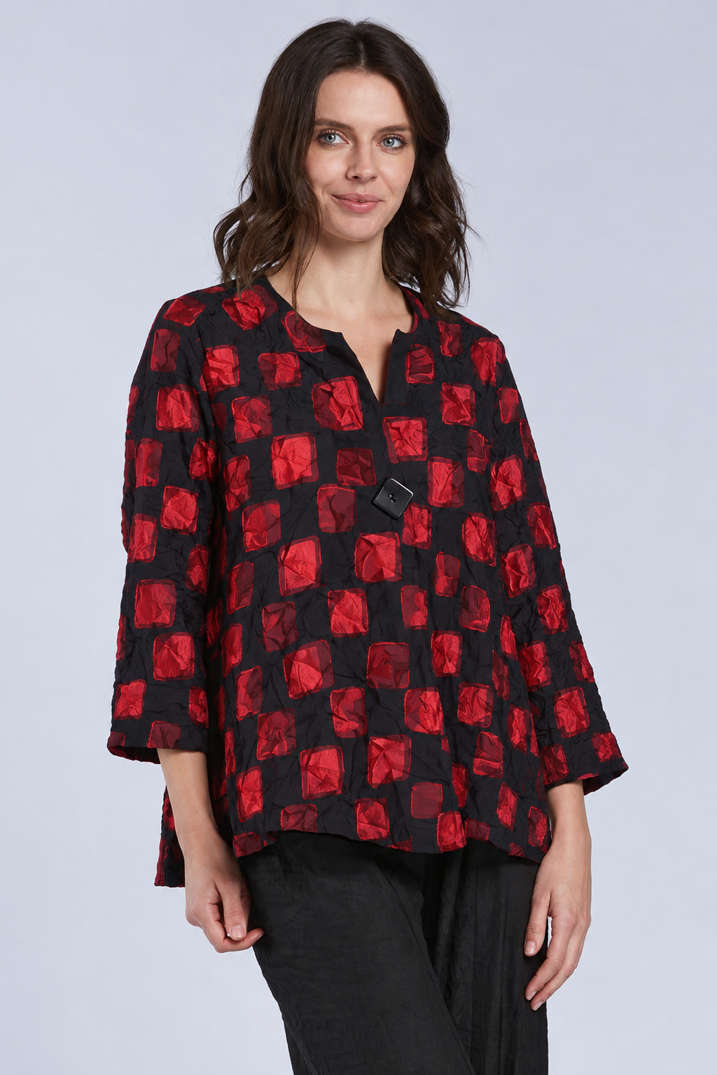 Sydney Project Ollie One Button Long Sleeve Abstract Top - CJJ1149 - RED PEBBLES
