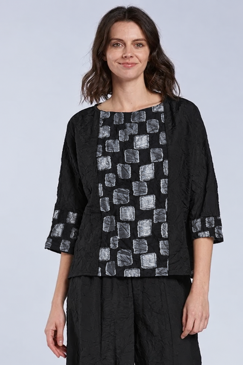 Sydney Project Tori Round Neck 3/4 Sleeve Boxy Top - CJT1088 - SILVER PEBBLES