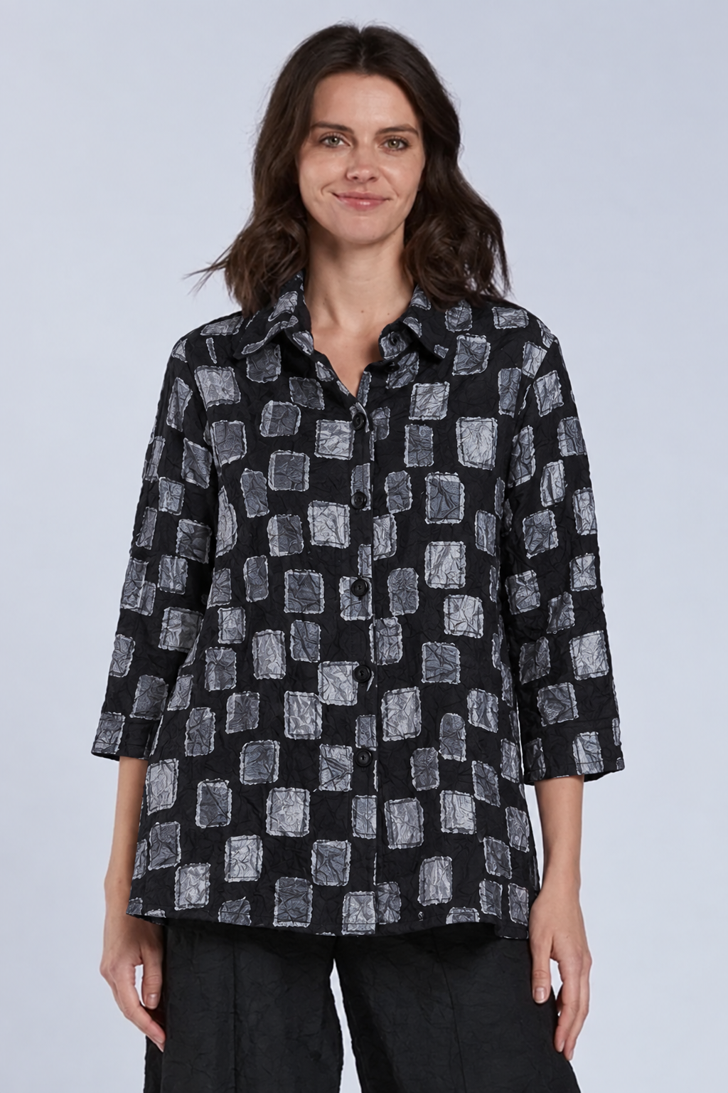 Sydney Project Whitney Button Down Collar Geometric Top - CJT1143 - SILVER PEBBLES