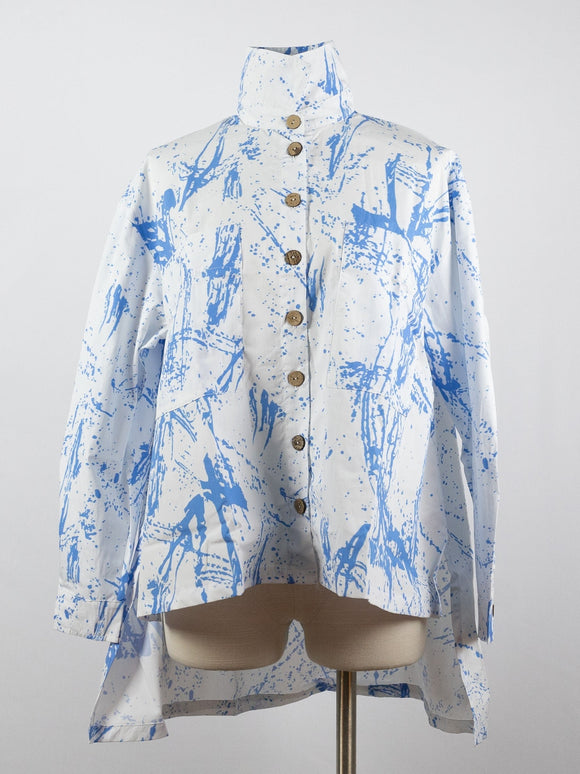 CUPCAKE INTERNATIONAL- CL14-1014-B/ BLUE & WHITE PRINTED BANGKOK COTTON HIGH-LOW SHIRT