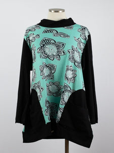 CUPCAKE INTERNATIONAL- CL14-1021-B/ TURQUOISE & BLACK FLOWER COTTON KNIT TOP