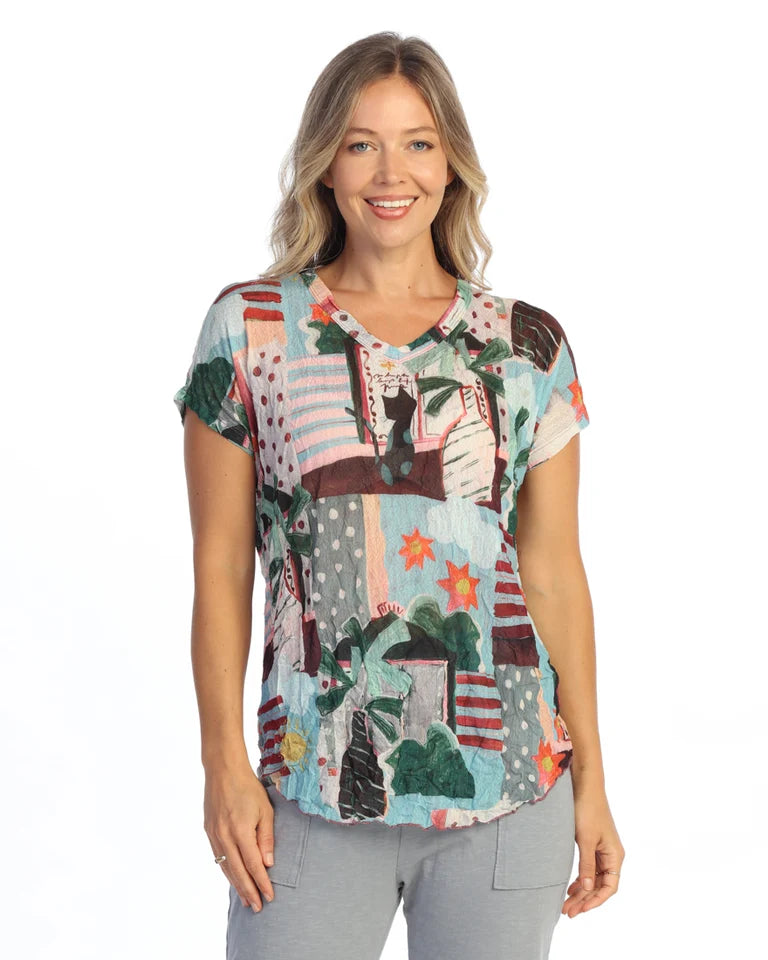 JESS & JANE Crushed Crepe Mesh V-Neck Dolman Sleeve Top - CM5-2308 - SUNNY DAY