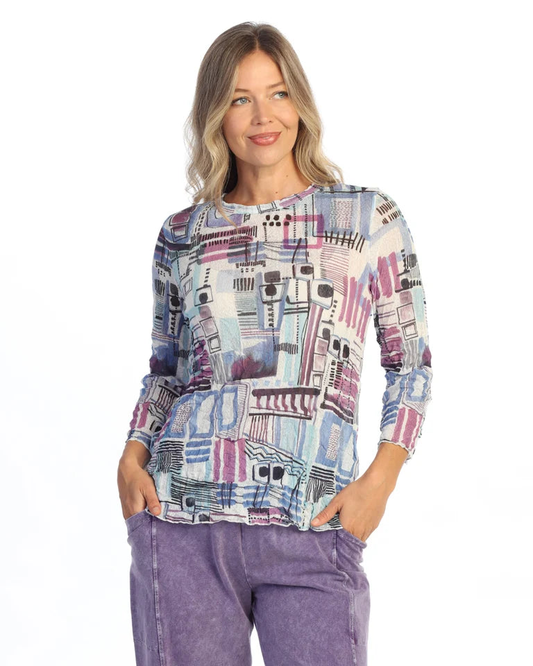 JESS & JANE Crushed Crepe Mesh 3/4 Sleeve Top w/ Merrow Hem - CM6-2315 - OFF BEAT