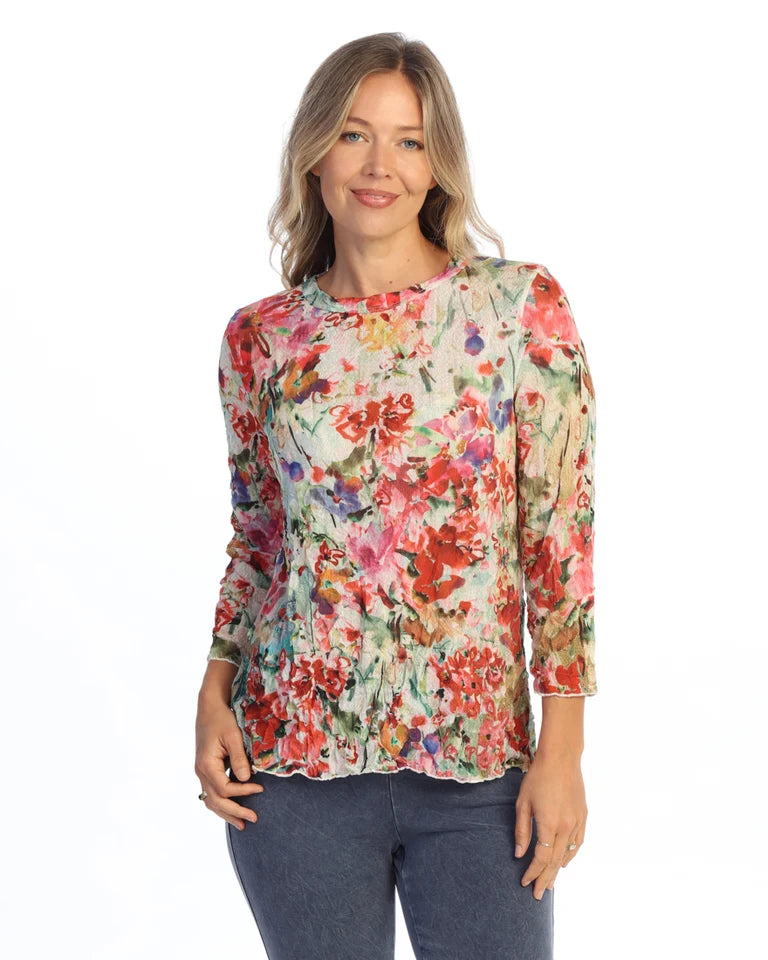 JESS & JANE Crushed Crepe Mesh 3/4 Sleeve Top w/ Merrow Hem - CM6-2317 - BOTANIQUE