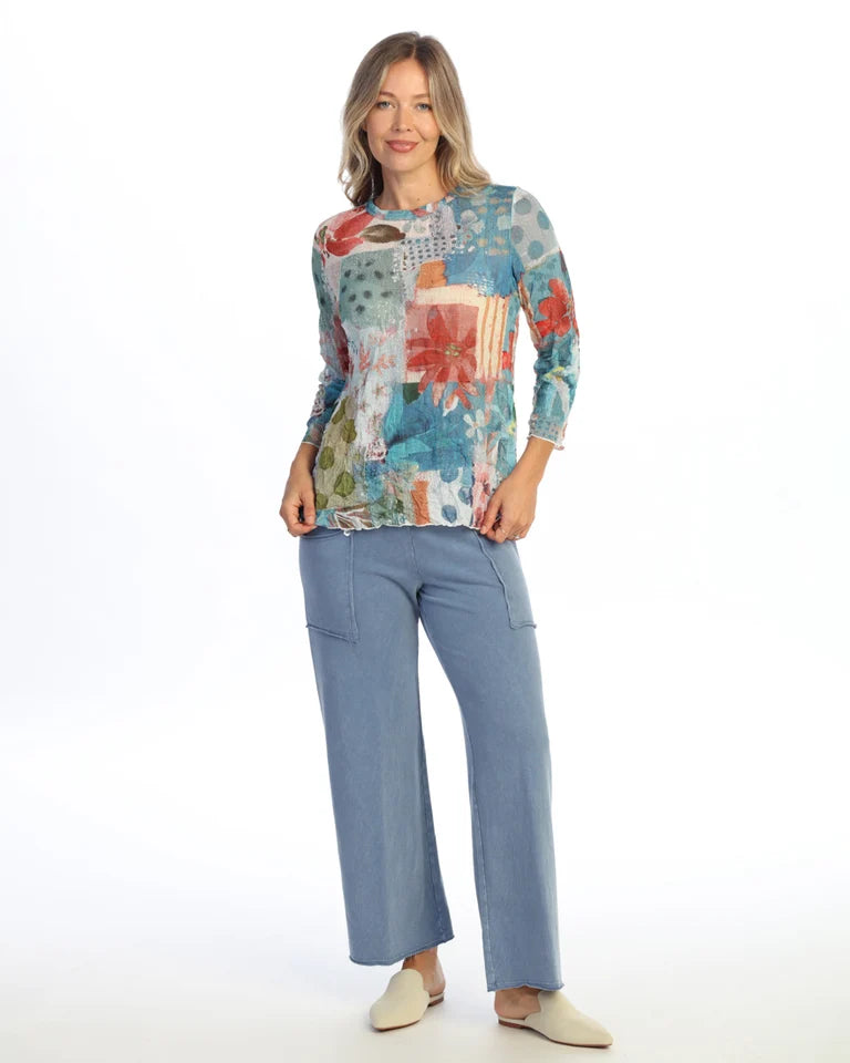 JESS & JANE Crushed Crepe Mesh 3/4 Sleeve Top w/ Merrow Hem - CM6-2326 - COSTA
