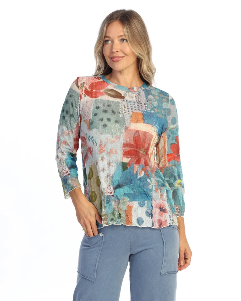 JESS & JANE Crushed Crepe Mesh 3/4 Sleeve Top w/ Merrow Hem - CM6-2326 - COSTA