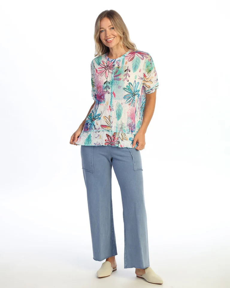 JESS & JANE Crushed Crepe Mesh Short Sleeve Top w/ Center Seam Detail - CM7-2295 - REVERIE