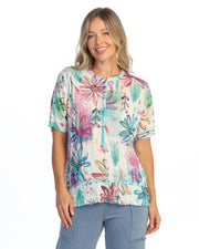 JESS & JANE Crushed Crepe Mesh Short Sleeve Top w/ Center Seam Detail - CM7-2295 - REVERIE
