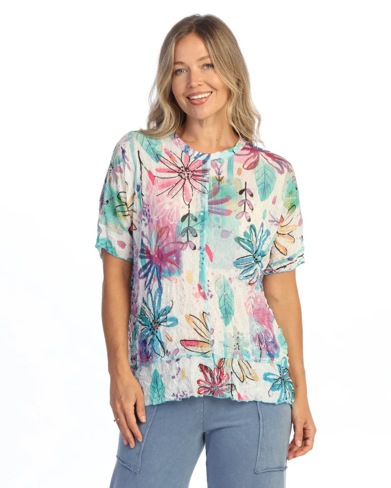 JESS & JANE Crushed Crepe Mesh Short Sleeve Top w/ Center Seam Detail - CM7-2295 - REVERIE