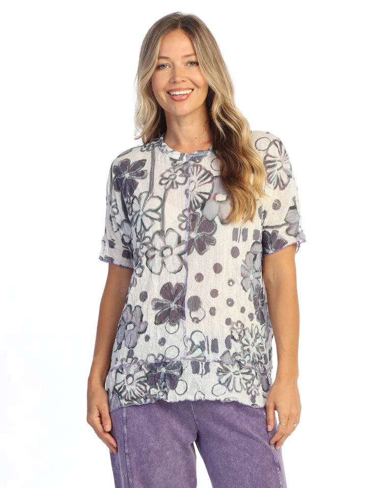 JESS & JANE Crushed Crepe Mesh Short Sleeve Top w/ Center Seam Detail - CM7-2314 - LOVE LETTER