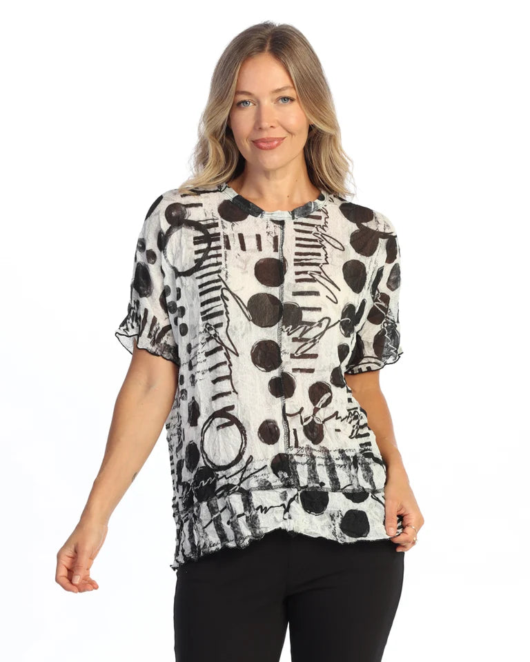 JESS & JANE Crushed Crepe Mesh Short Sleeve Top w/ Center Seam Detail - CM7-2322 - IN CIRCLES