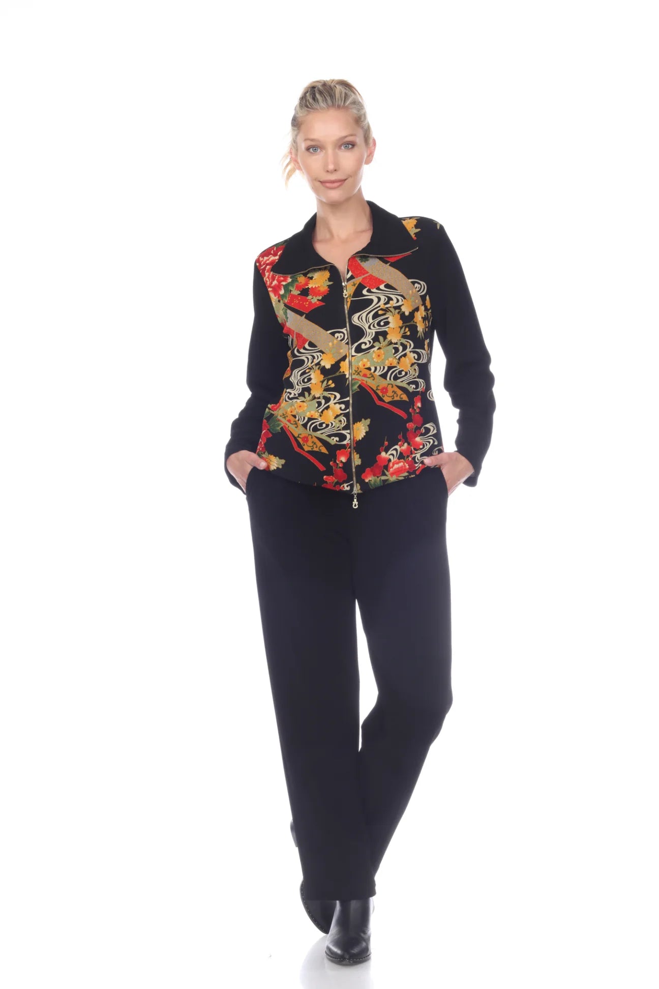 MOONLIGHT Full Zip Floral Pattern Jacket - CM 86 - BLACK