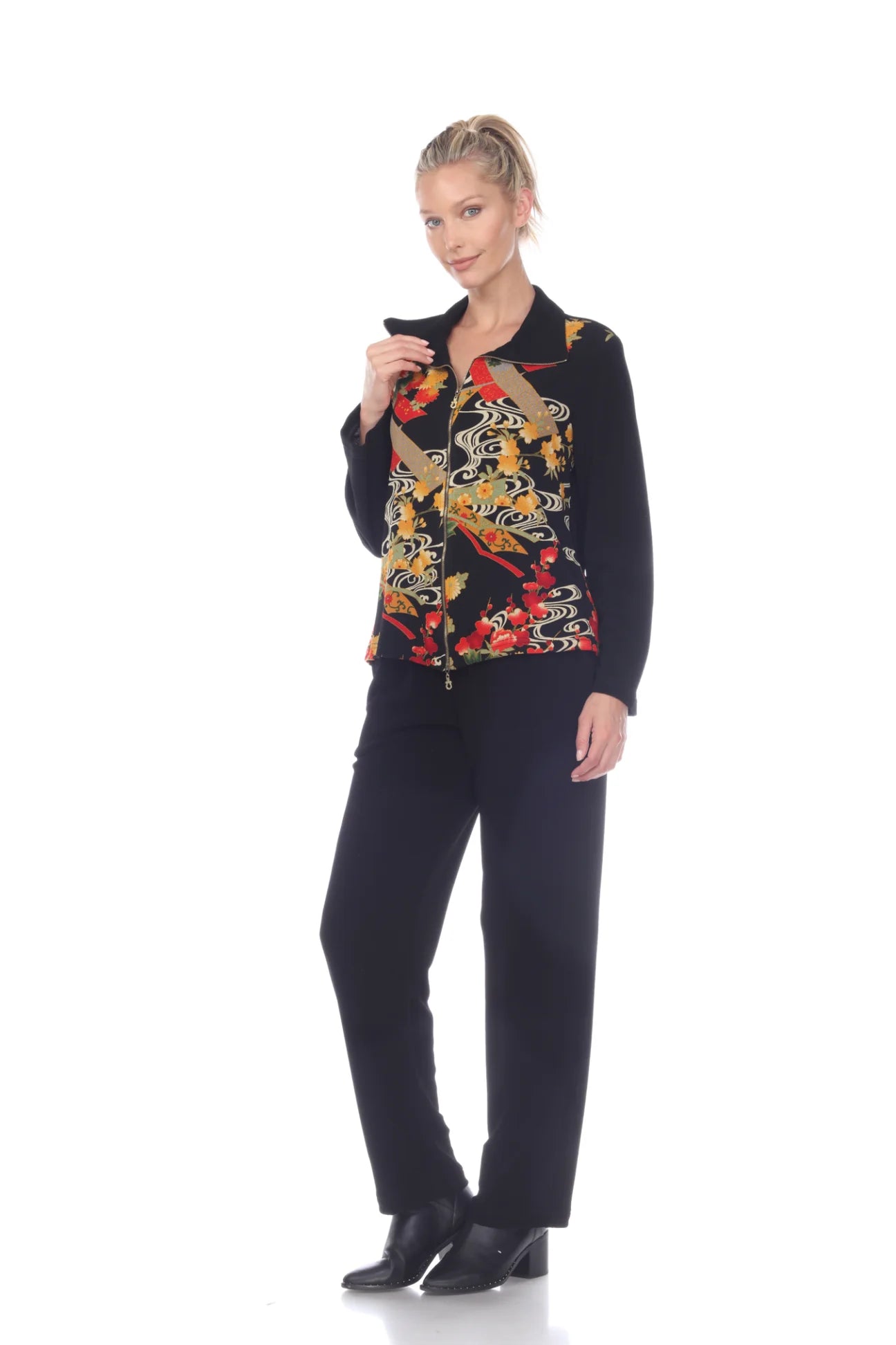 MOONLIGHT Full Zip Floral Pattern Jacket - CM 86 - BLACK