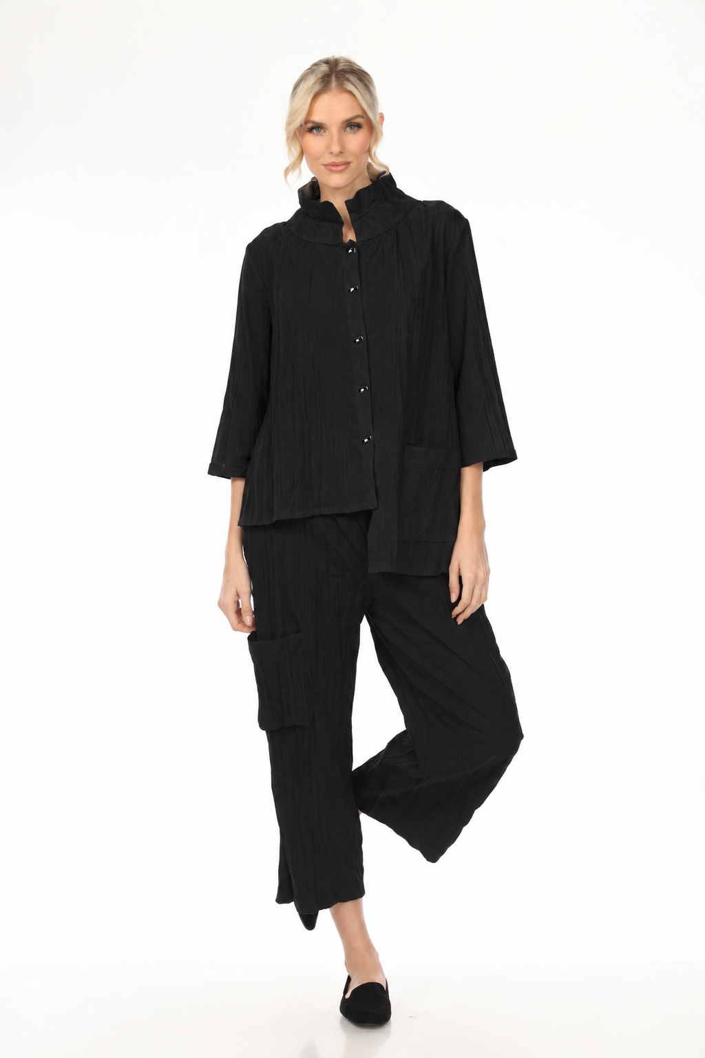 MOONLIGHT Asymmetric Wire Collar Button Down Solid Top - WJ1020 - BLACK