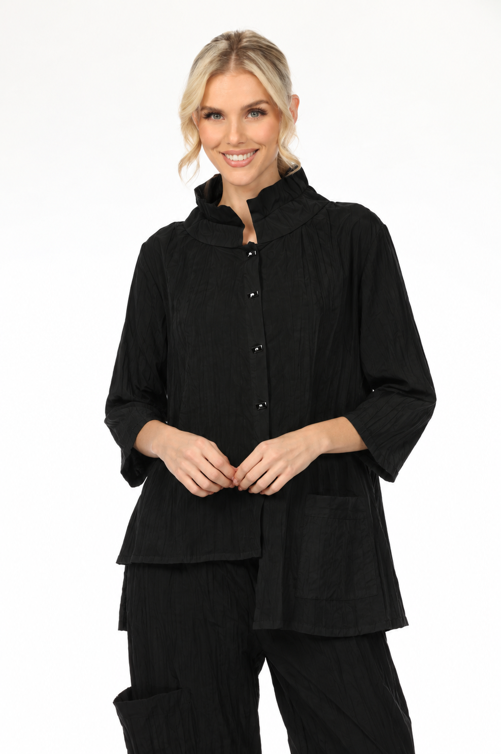 MOONLIGHT Asymmetric Wire Collar Button Down Solid Top - WJ1020 - BLACK