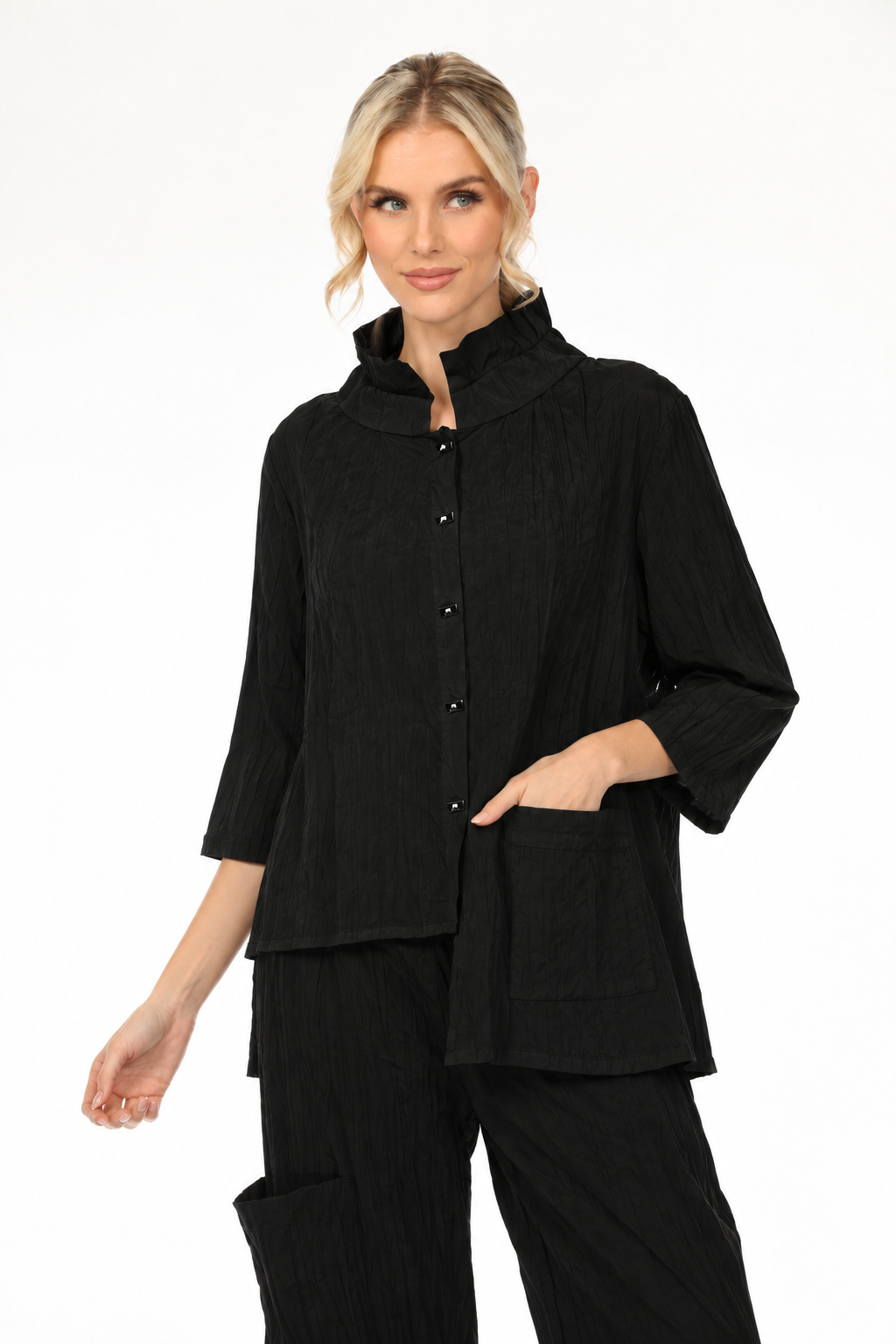 MOONLIGHT Asymmetric Wire Collar Button Down Solid Top - WJ1020 - BLACK