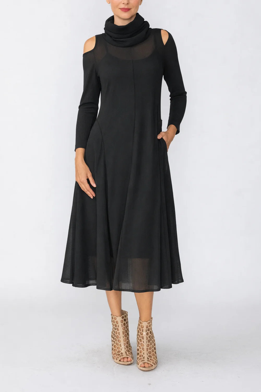 IC COLLECTION Sheer Knit Cold Shoulder Cowl Neck Dress - 7723D - BLACK