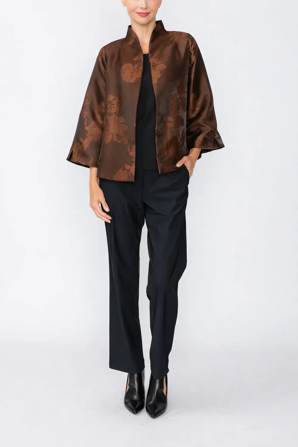 IC COLLECTION Open Front Floral Jacket - C1141J - BROWN