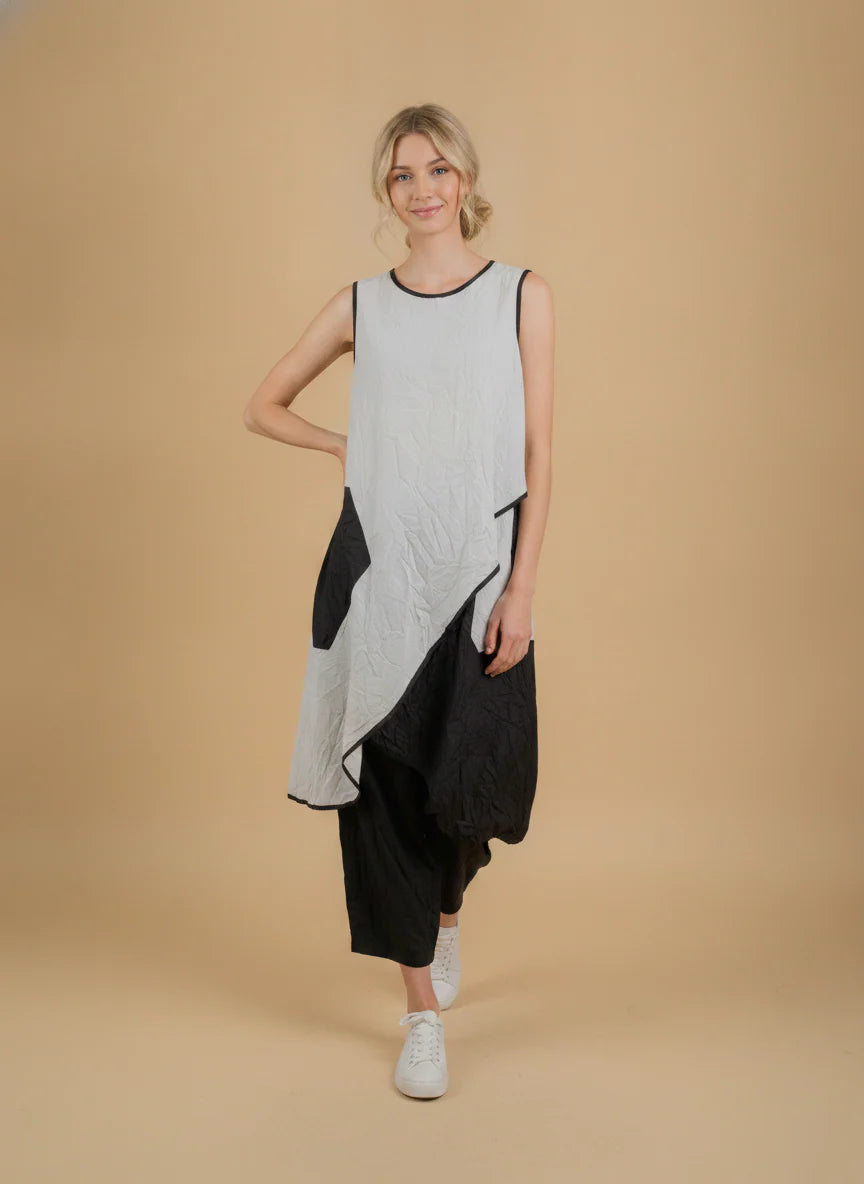 MOONLIGHT Asymmetric Black and Grey Colorblock Tank Dress - D4321