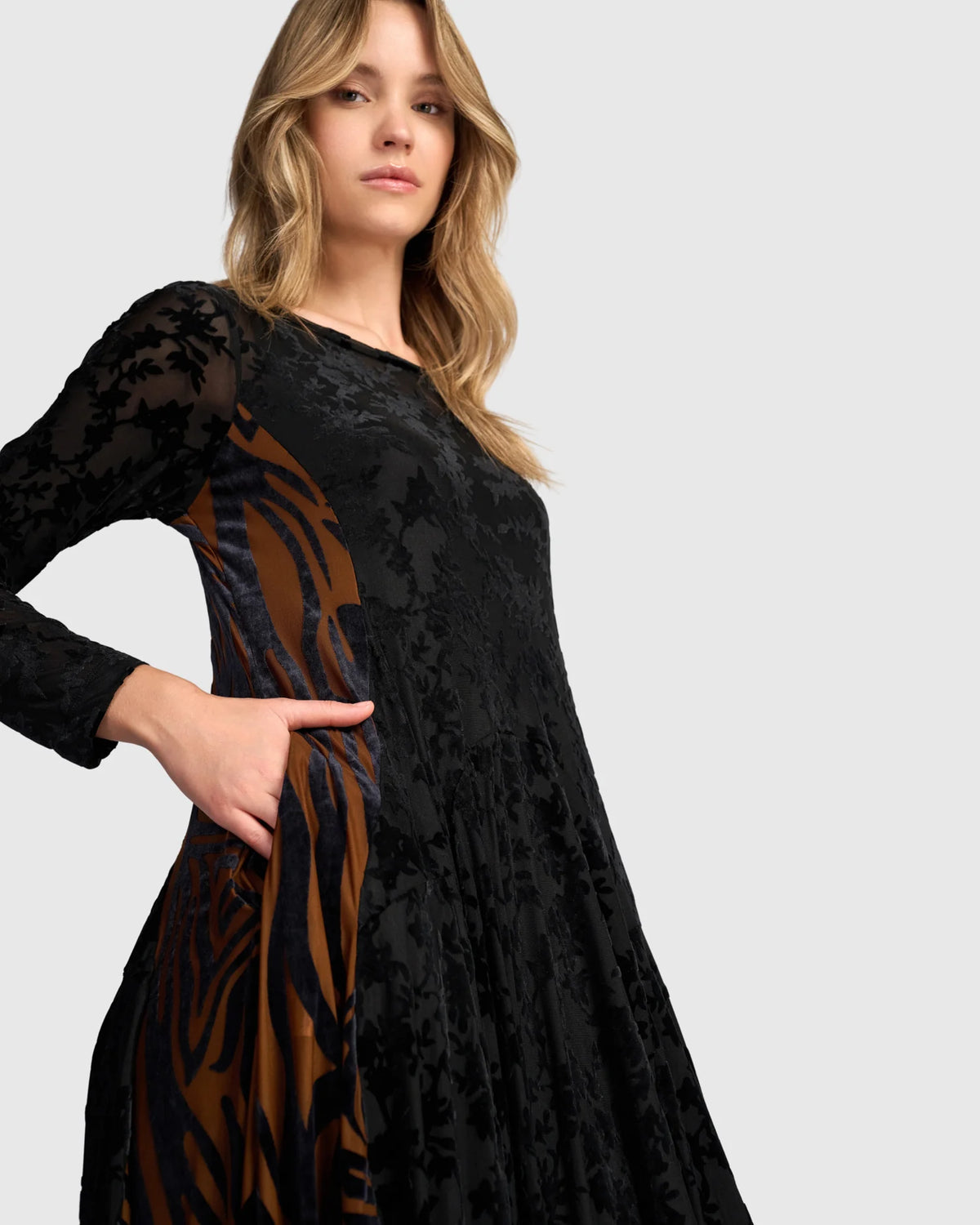 ALEMBIKA Seraphine Crew Cut Velvet Dress - AD904N - NOCTURNE BLACK/COGNAC