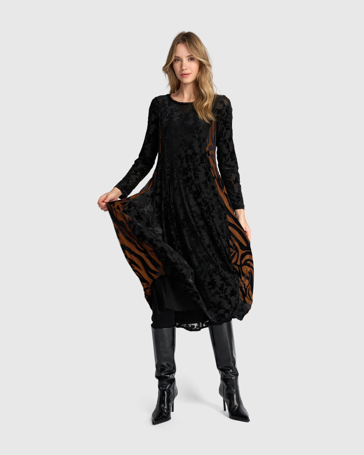 ALEMBIKA Seraphine Crew Cut Velvet Dress - AD904N - NOCTURNE BLACK/COGNAC