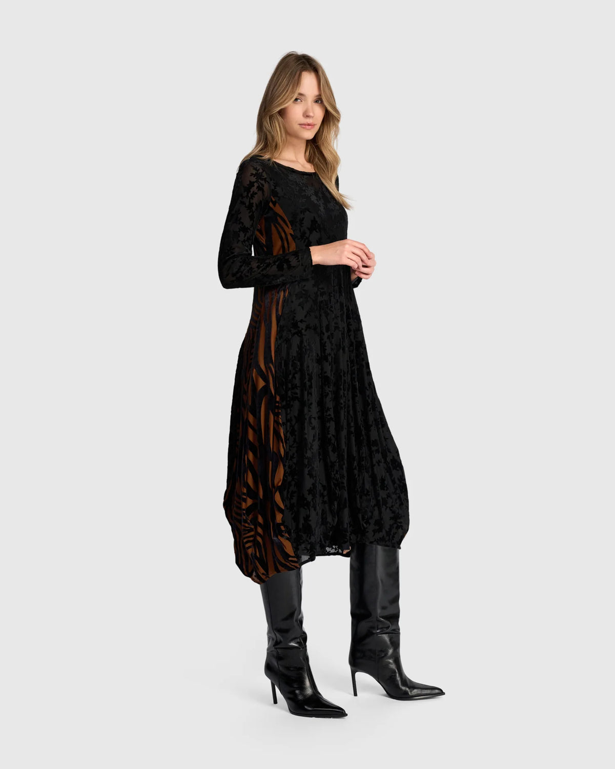 ALEMBIKA Seraphine Crew Cut Velvet Dress - AD904N - NOCTURNE BLACK/COGNAC
