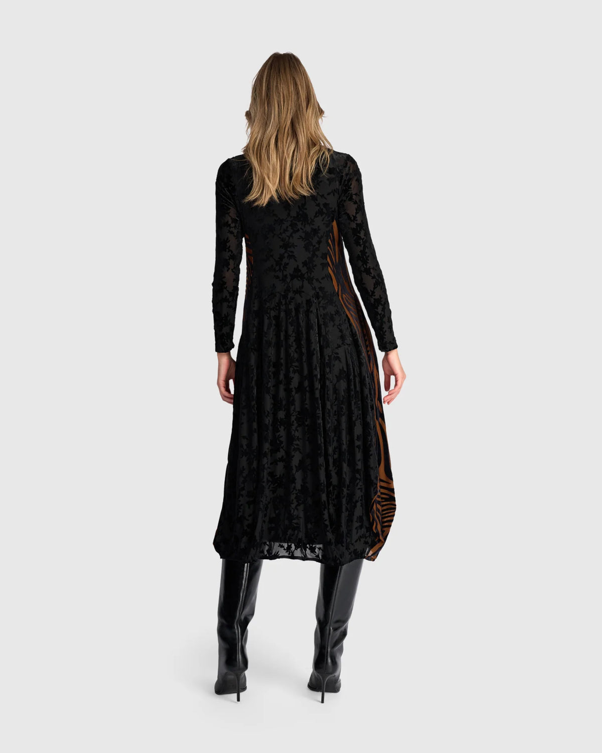 ALEMBIKA Seraphine Crew Cut Velvet Dress - AD904N - NOCTURNE BLACK/COGNAC