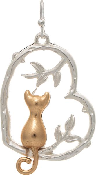 RAIN Two Toned Heart Branch Perched Cat Earring - E6126TT
