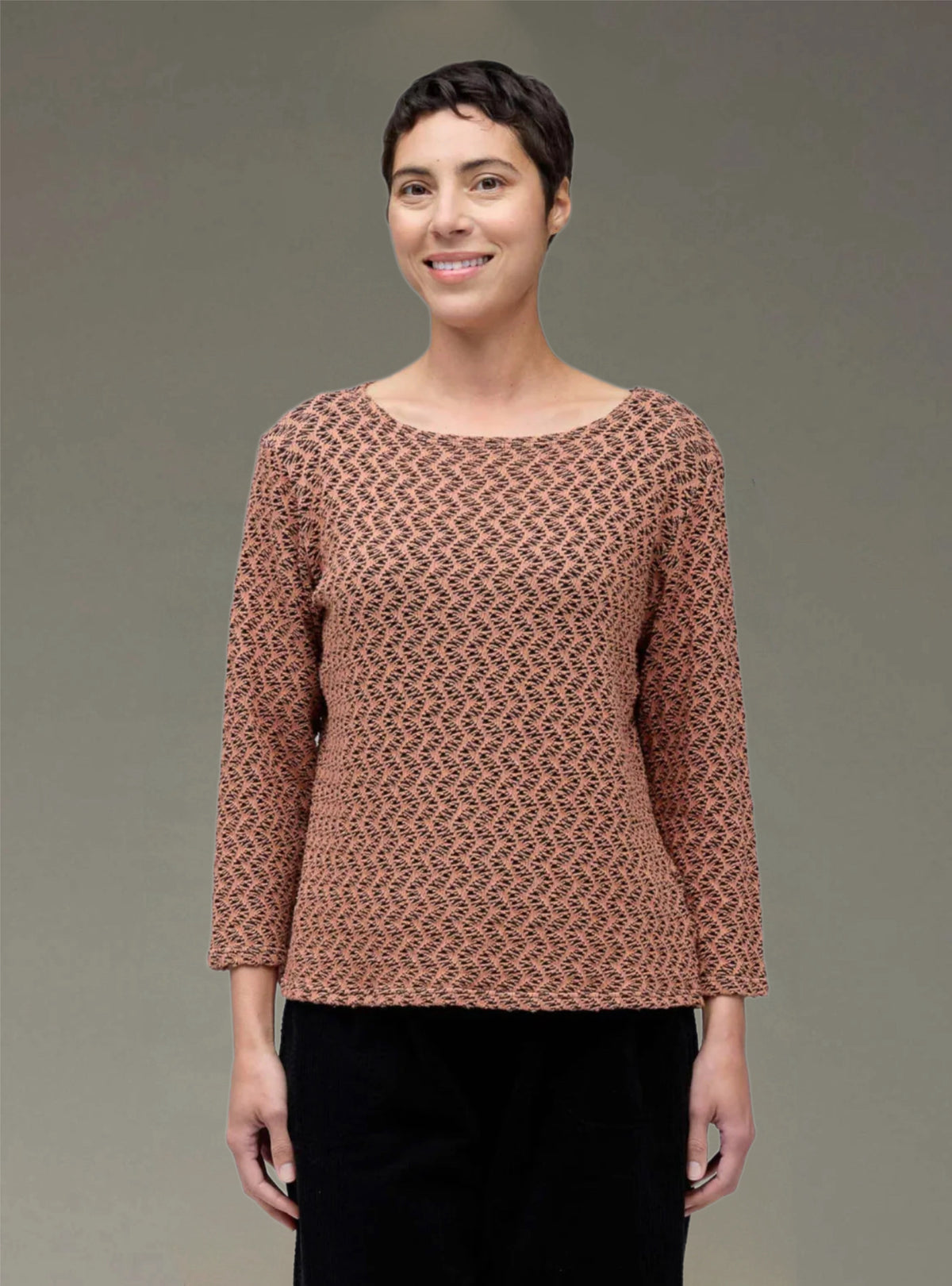 CUT LOOSE Blk/Nat Crochet 3/4 Sleeve Boatneck Top - 0125060
