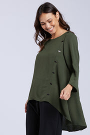 Sydney Project Sienna Solid Asymmetrical Button Air Flow Hi-Low Top - AFT1082 - OLIVE