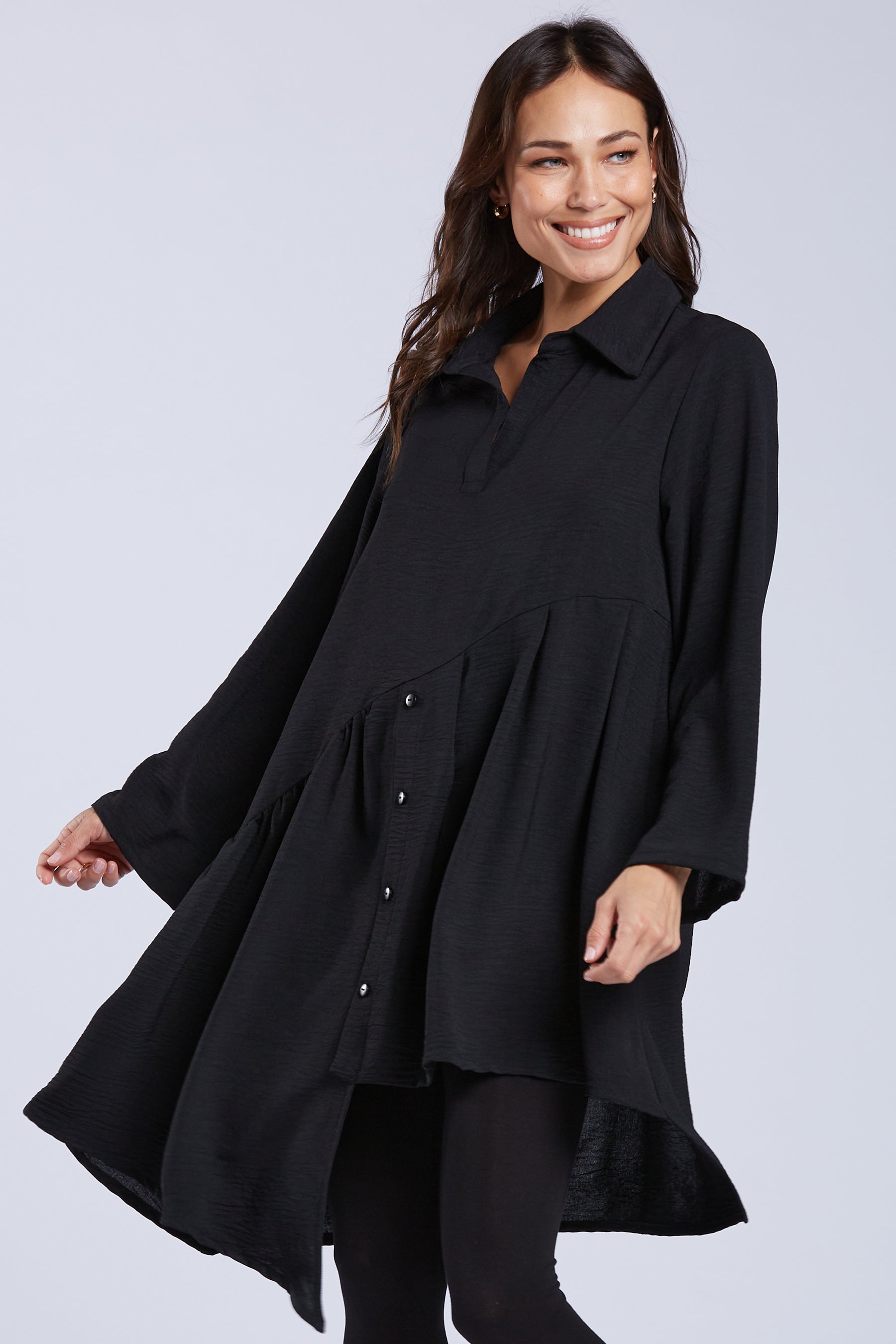Sydney Project Addison Solid Air Flow Asymmetric Collared Top - AFT1162 - BLACK