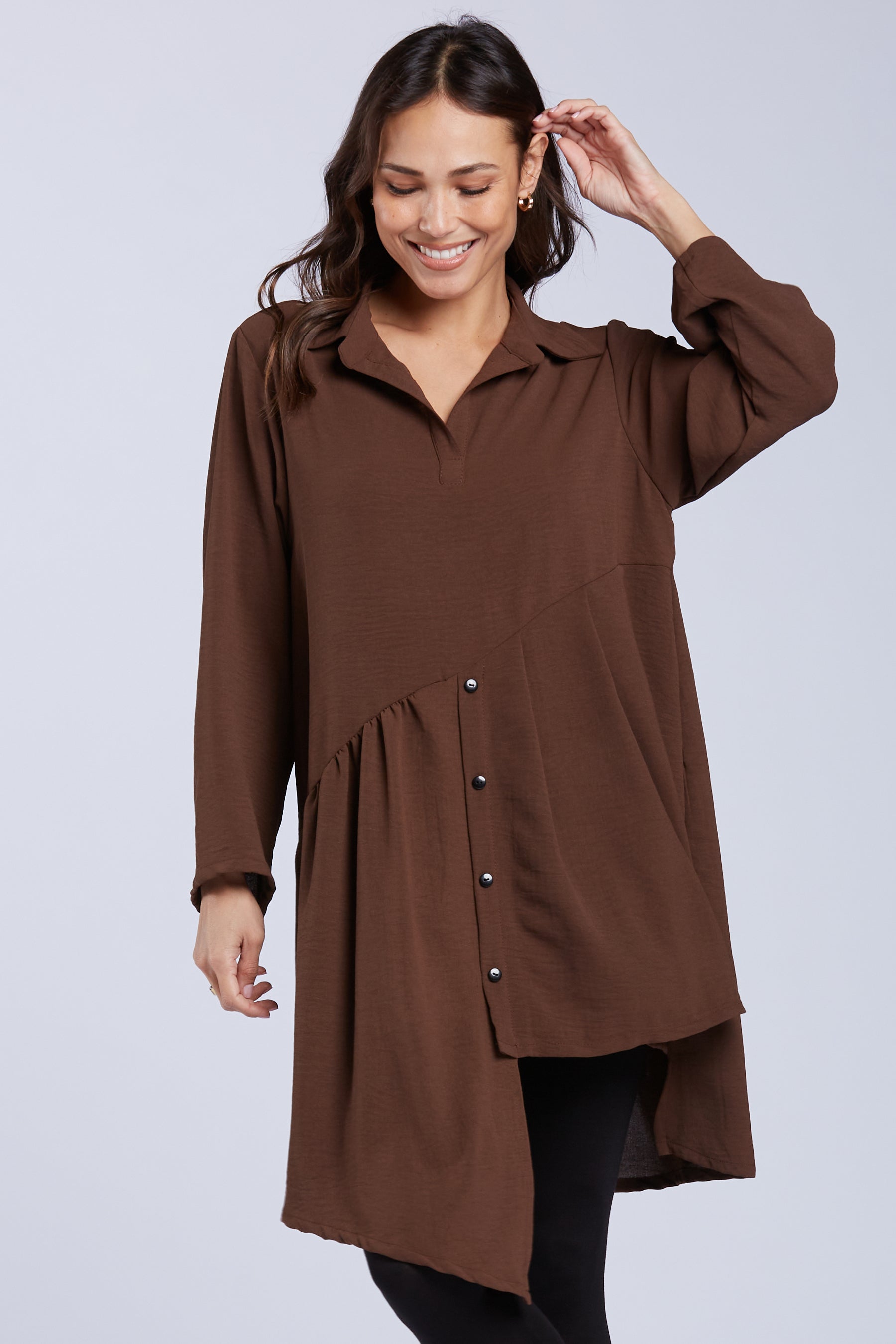 Sydney Project Addison Solid Air Flow Asymmetric Collared Top - AFT1162 - CHOCOLATE