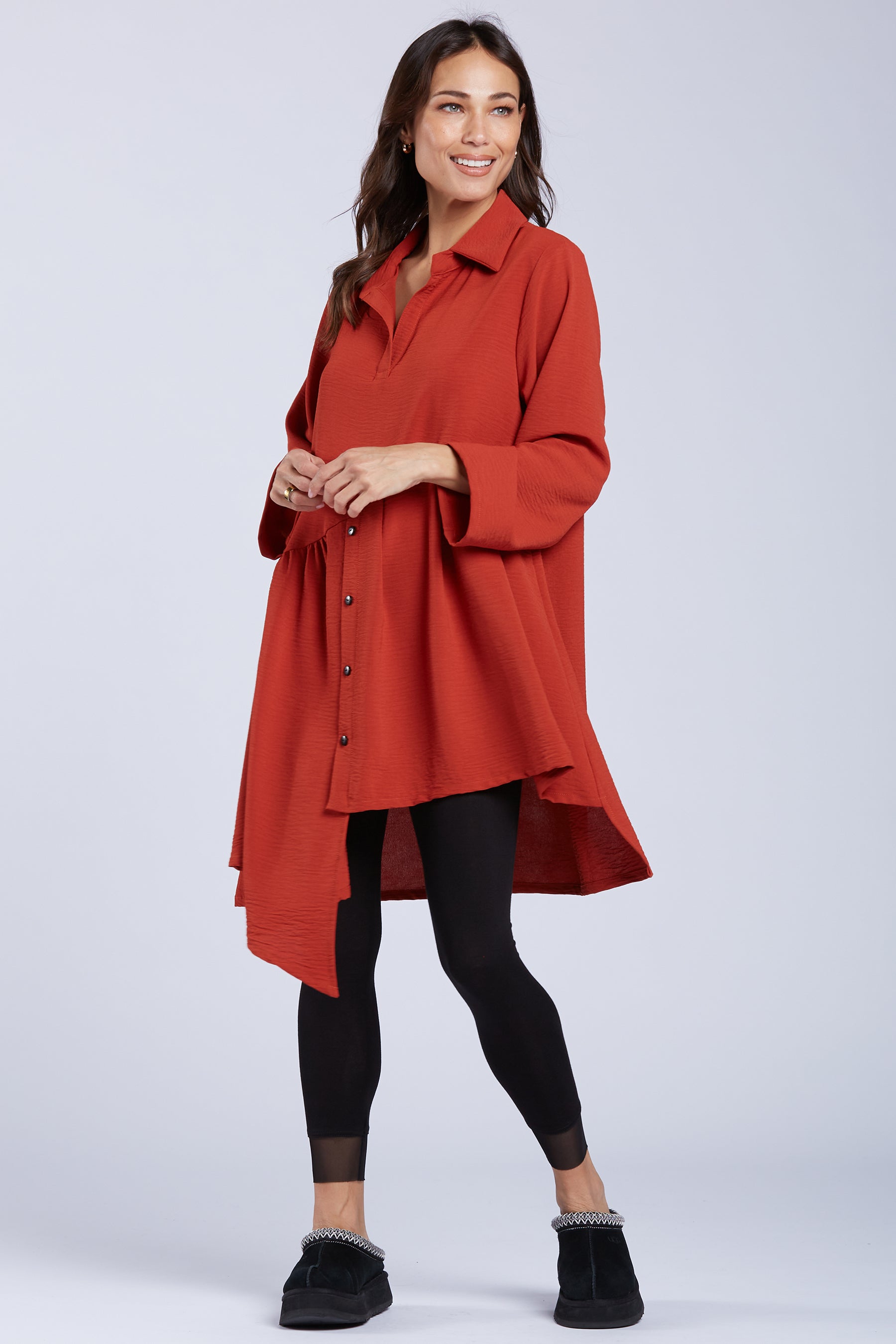 Sydney Project Addison Solid Air Flow Asymmetric Collared Top - AFT1162 - CLAY