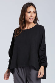 Sydney Project Parker Solid Air Flow Round Neck Reuched Button Sleeves Top - AFT1172 - BLACK