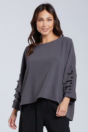 Sydney Project Parker Solid Air Flow Round Neck Reuched Button Sleeves Top - AFT1172 - CHARCOAL