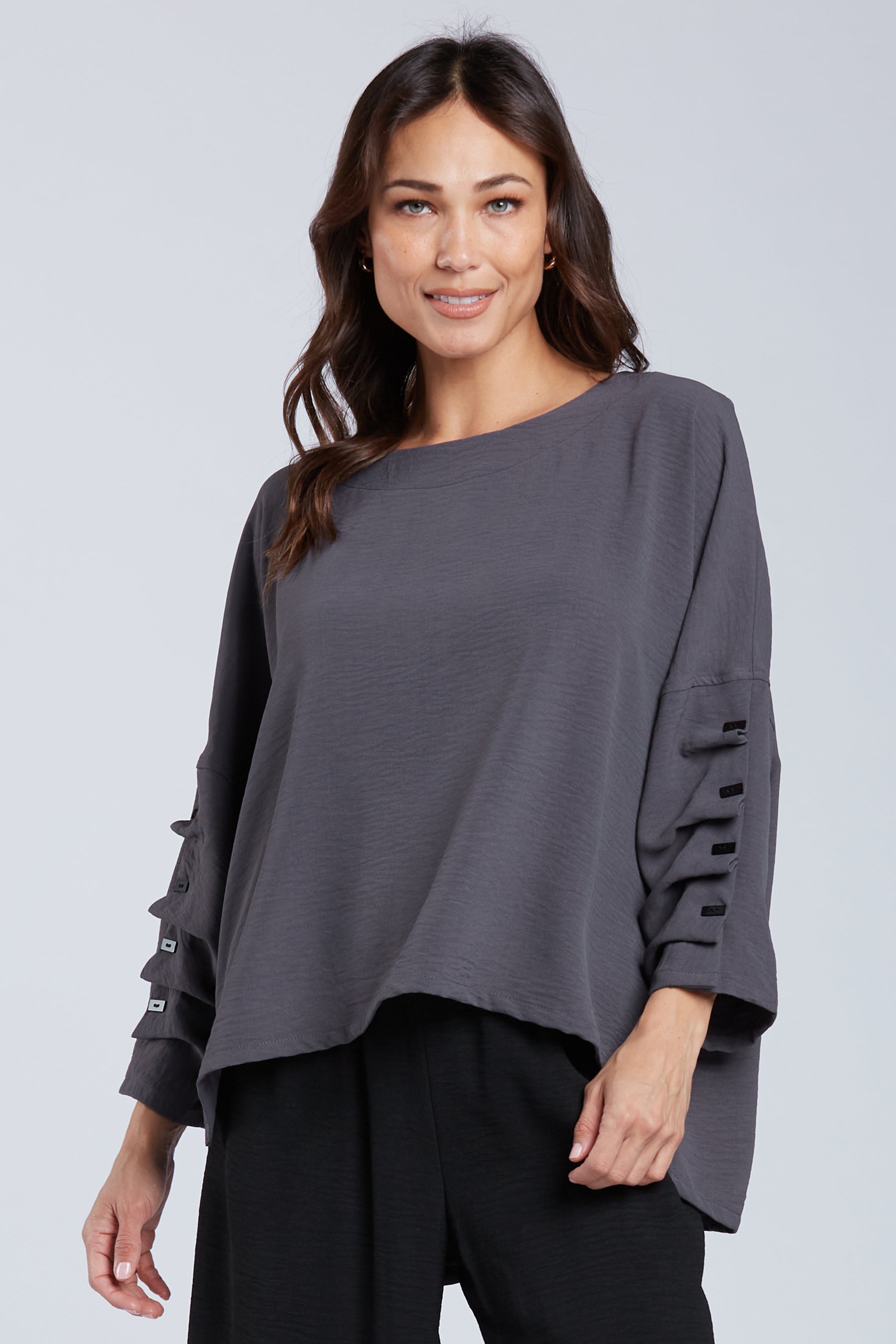 Sydney Project Parker Solid Air Flow Round Neck Reuched Button Sleeves Top - AFT1172 - CHARCOAL