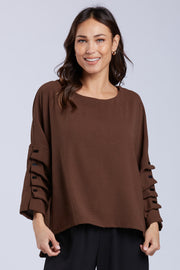 Sydney Project Parker Solid Air Flow Round Neck Reuched Button Sleeves Top - AFT1172 - CHOCOLATE