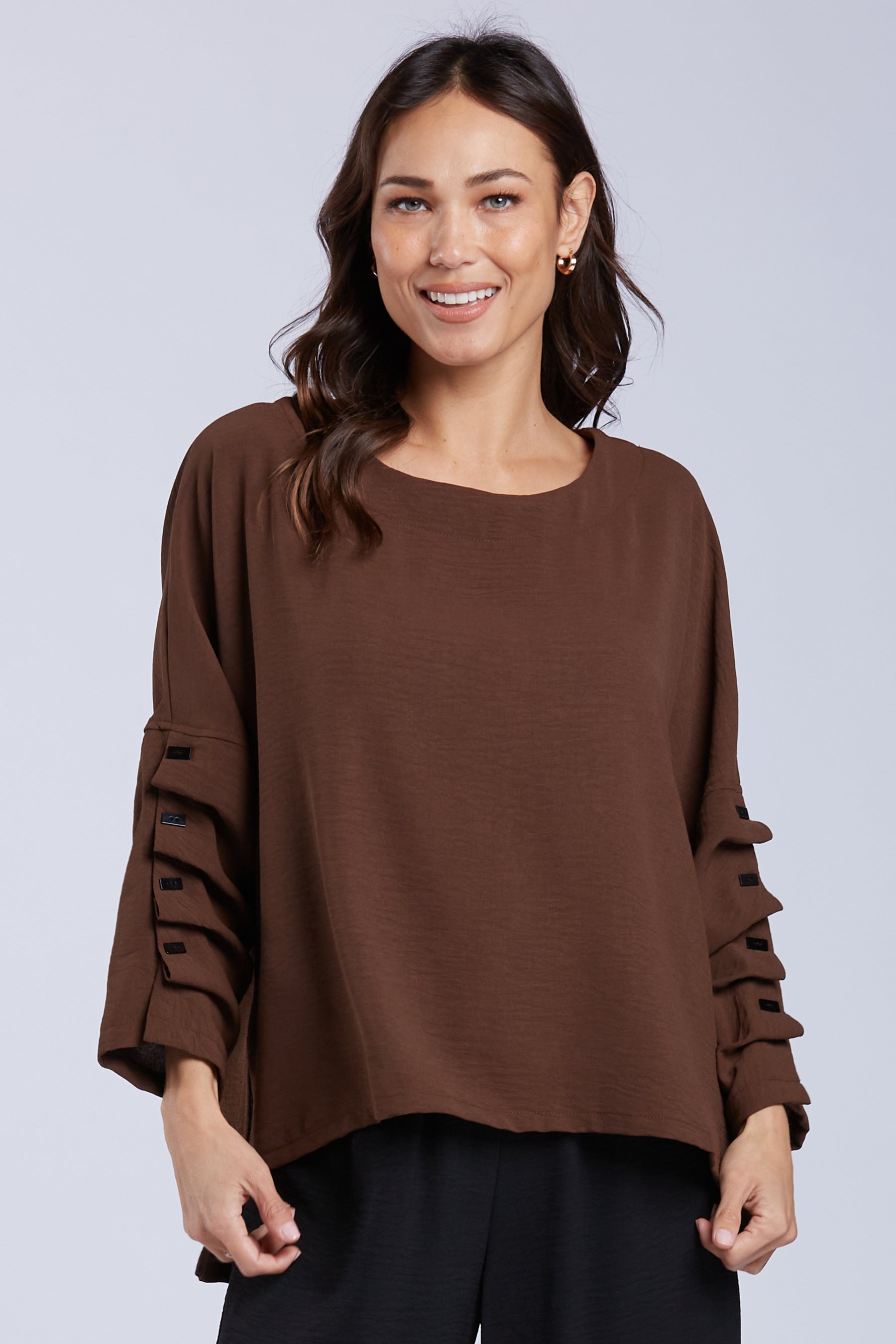 Sydney Project Parker Solid Air Flow Round Neck Reuched Button Sleeves Top - AFT1172 - CHOCOLATE
