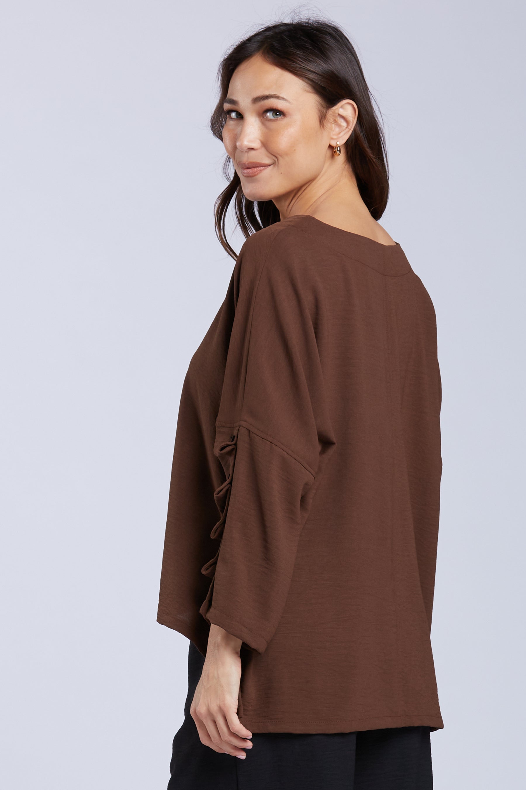 Sydney Project Parker Solid Air Flow Round Neck Reuched Button Sleeves Top - AFT1172 - CHOCOLATE