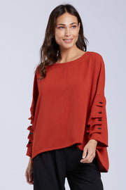 Sydney Project Parker Solid Air Flow Round Neck Reuched Button Sleeves Top - AFT1172 - CLAY