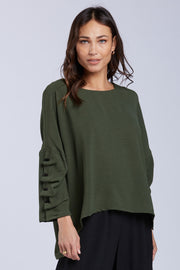 Sydney Project Parker Solid Air Flow Round Neck Reuched Button Sleeves Top - AFT1172 - OLIVE