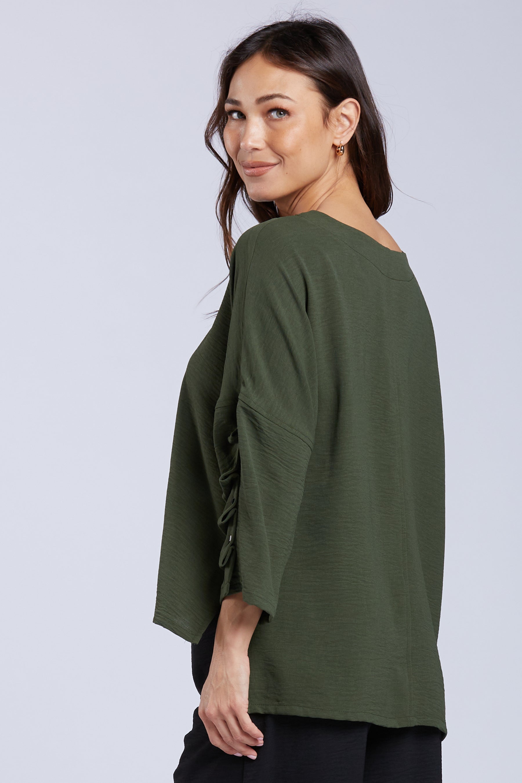 Sydney Project Parker Solid Air Flow Round Neck Reuched Button Sleeves Top - AFT1172 - OLIVE