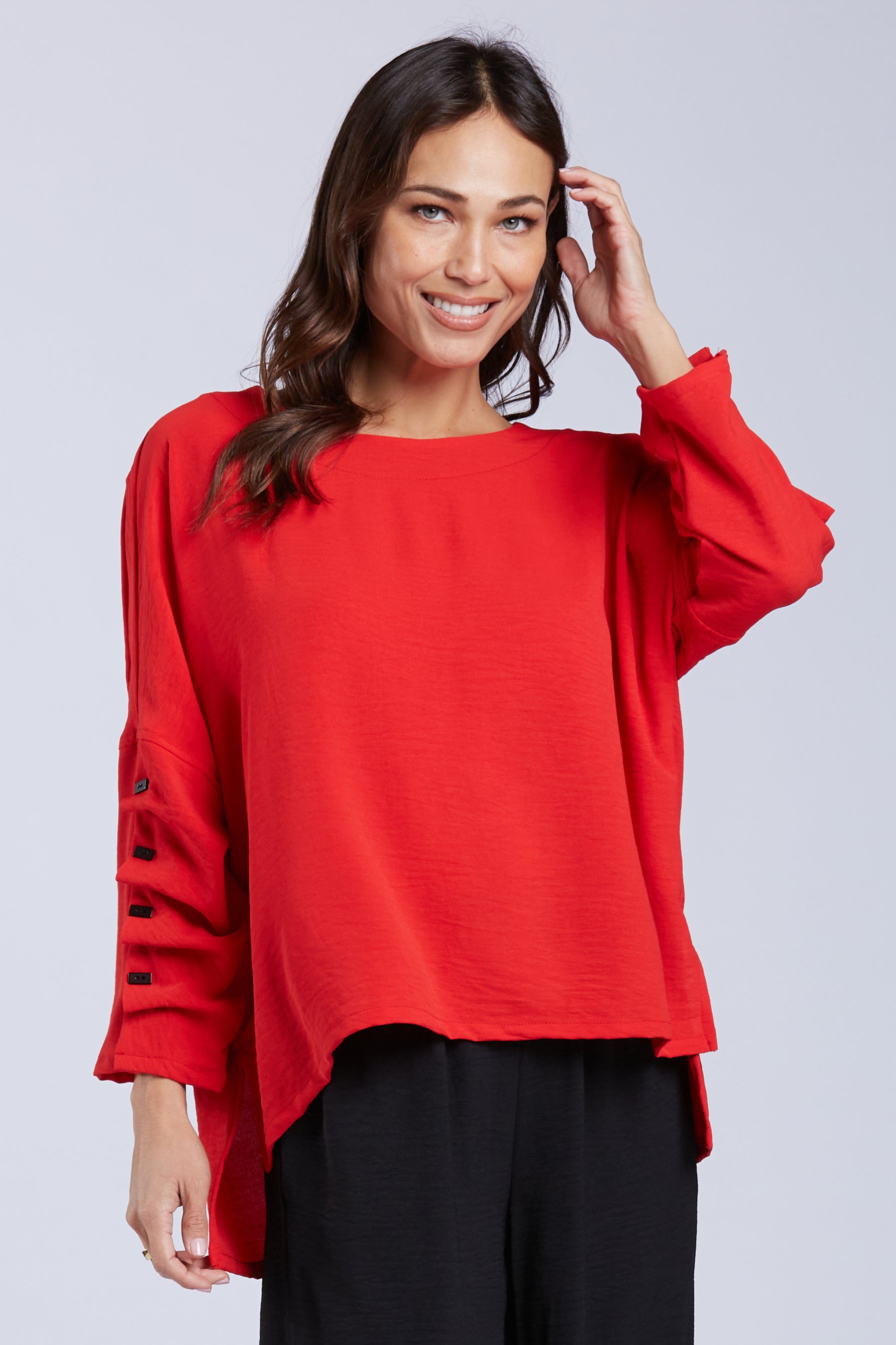 Sydney Project Parker Solid Air Flow Round Neck Reuched Button Sleeves Top - AFT1172 - RED