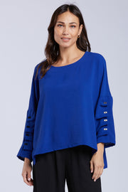 Sydney Project Parker Solid Air Flow Round Neck Reuched Button Sleeves Top - AFT1172 - ROYAL BLUE