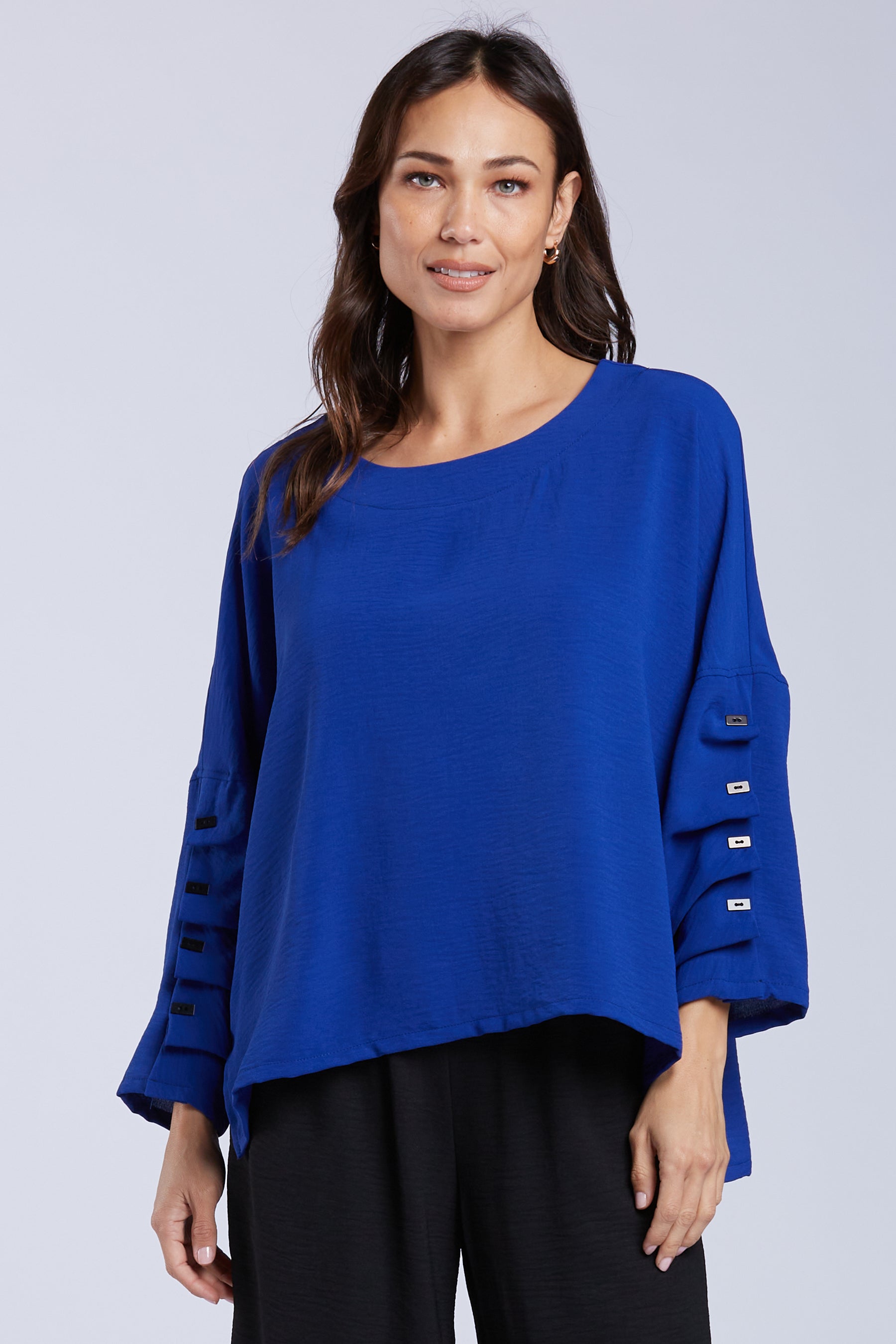 Sydney Project Parker Solid Air Flow Round Neck Reuched Button Sleeves Top - AFT1172 - ROYAL BLUE