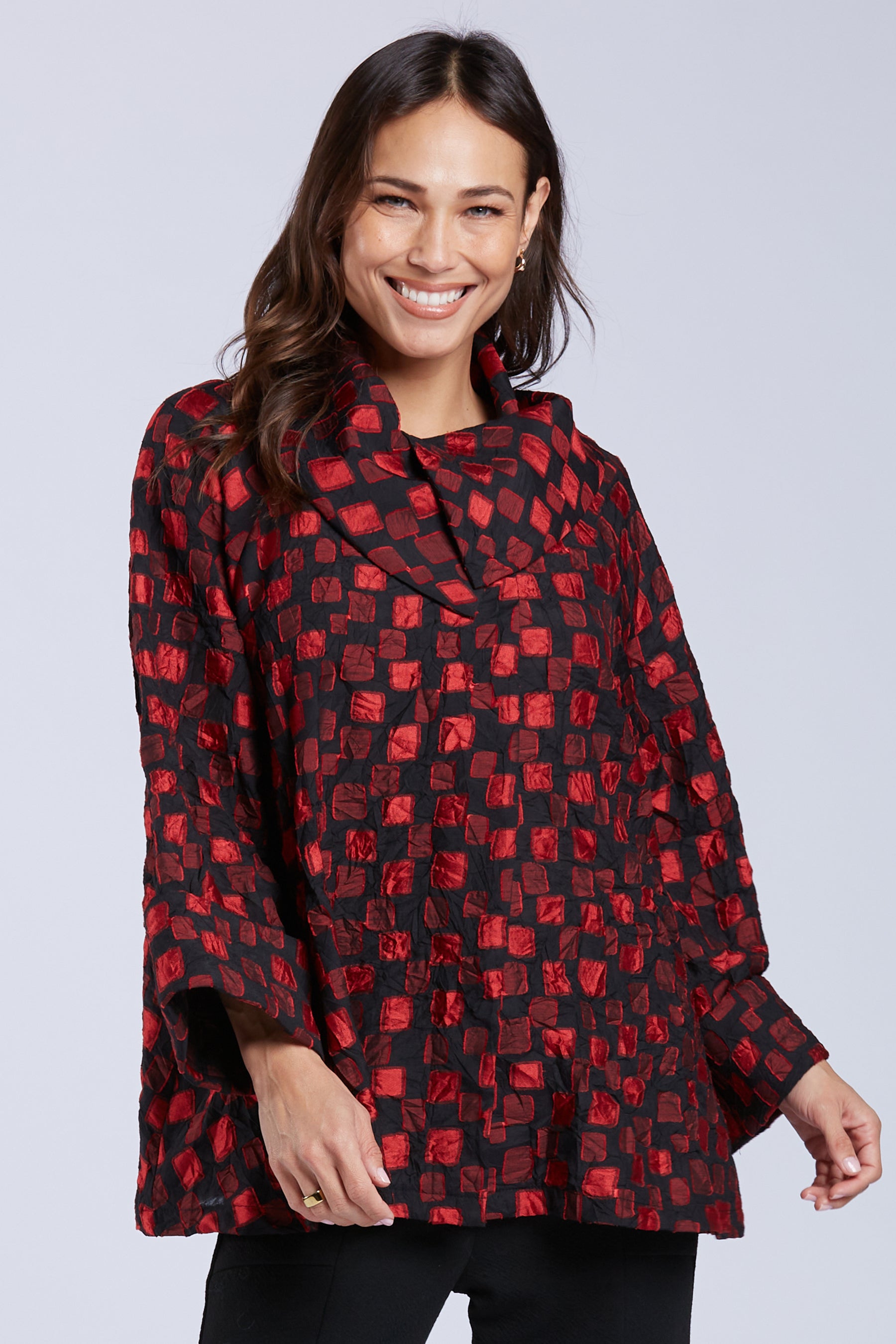 Sydney Project Ora Long Sleeve Cowl Neck Top w/ Black Squares - CJJ1153 - RED PEBBLES