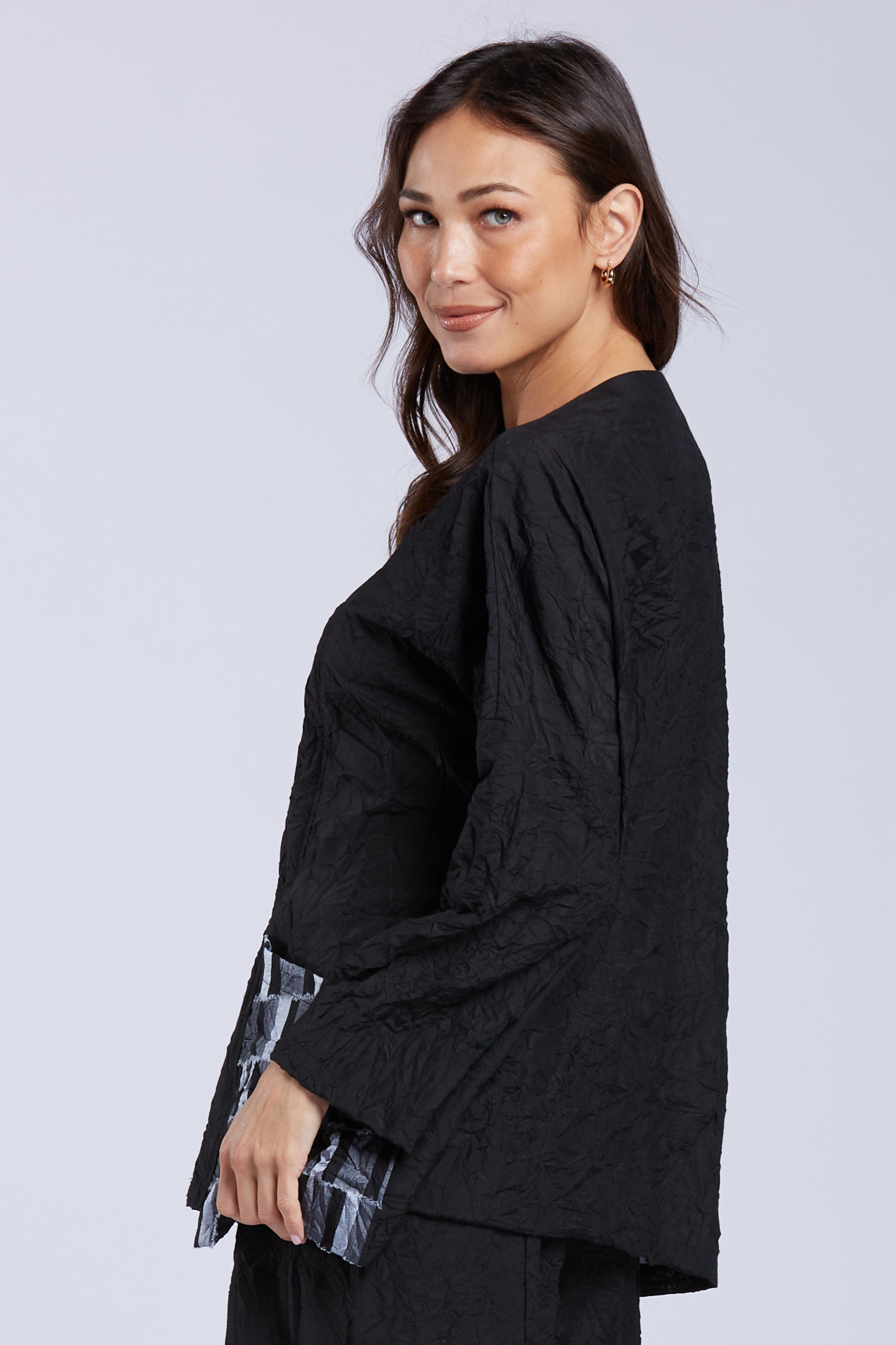 Sydney Project Jackie Three Button V-Neck Long Sleeve Top w/ Metal Geometric Pockets - CJJ1160 - METAL