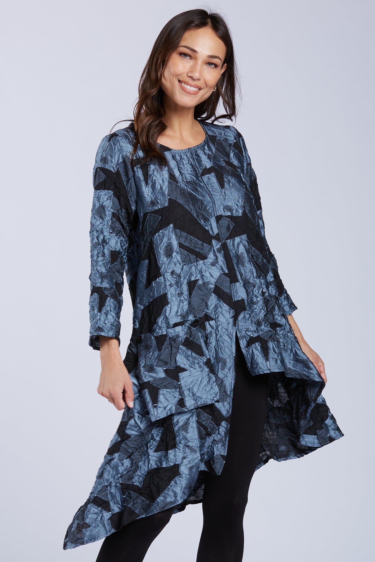 Sydney Project Ashley Long Sleeve Round Neck Asymmetric Abstract Long Top - CJT1024 - BLUE GREY